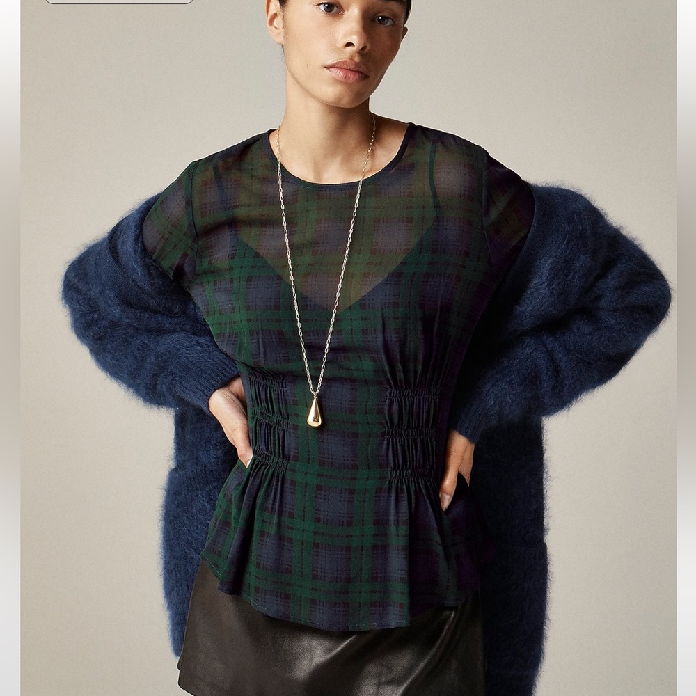 JCREW Chiffon shirred-waist top in Black Watch tartan plaid preppy archive 4 NWT